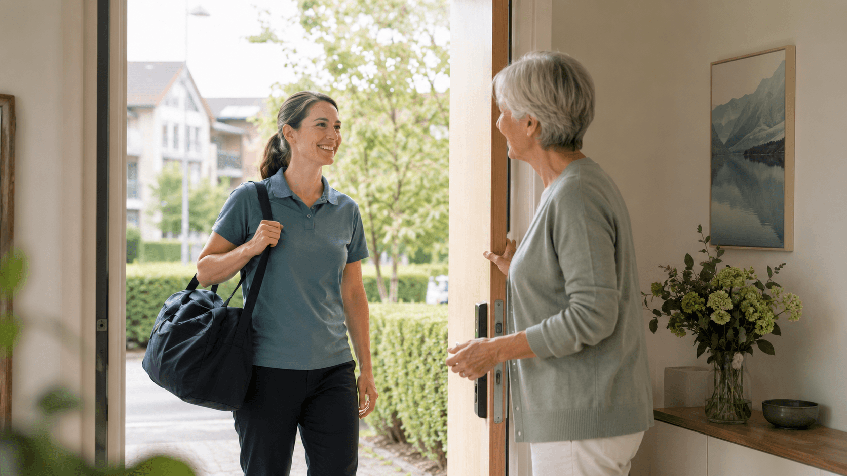Physiothérapeute à domicile arrivant chez une patiente